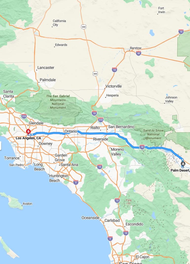 driving from Palm Desert, California to Los AngelesCalifornia - map and route