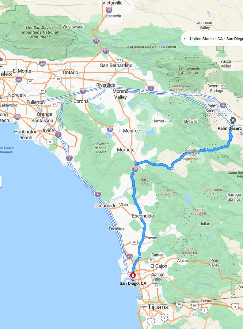 driving from Palm Desert, California to San DiegoCalifornia - map and route