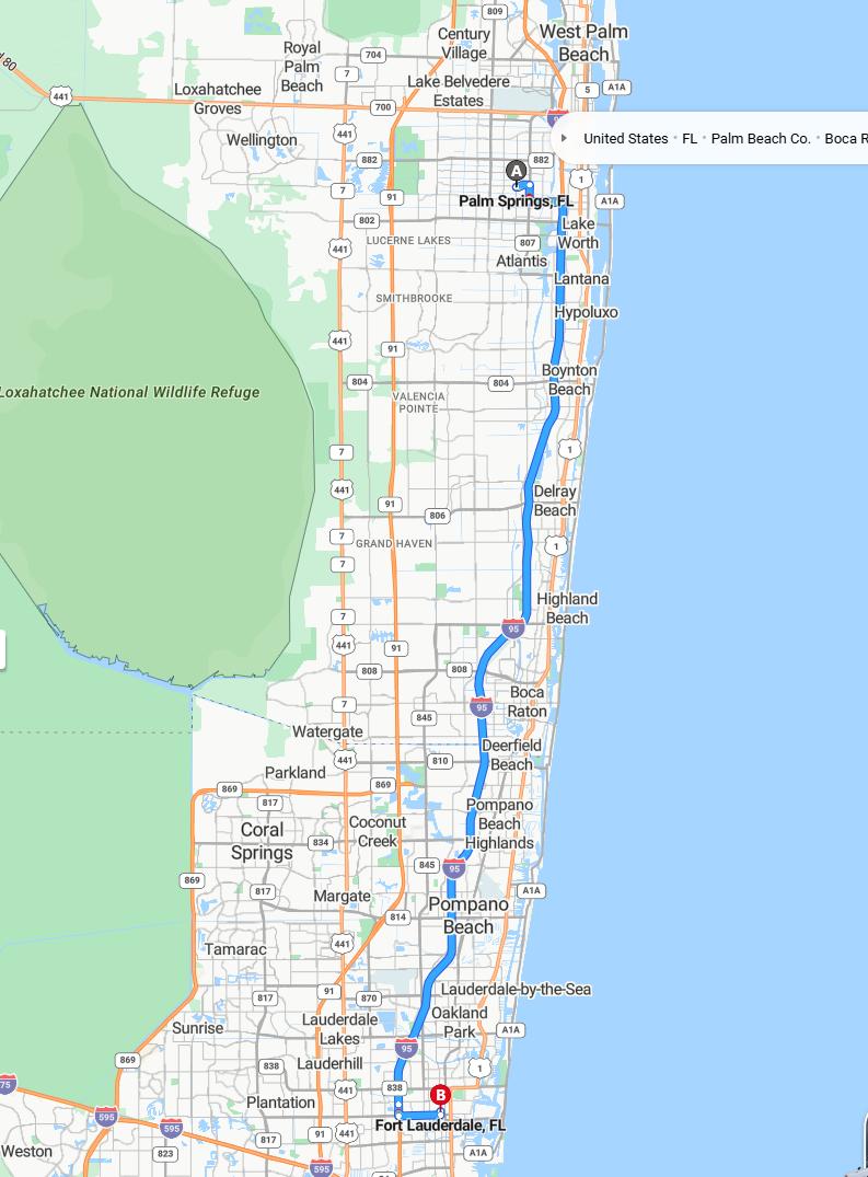 driving from Palm Springs, Florida to Fort LauderdaleFlorida - map and route