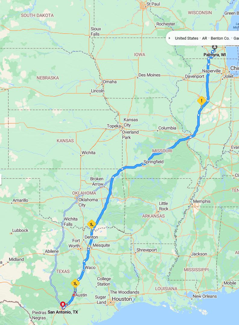 driving from Palmyra, Wisconsin to San AntonioTexas - map and route