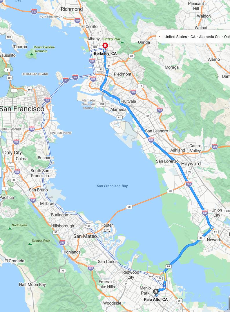 driving from Palo Alto, California to BerkeleyCalifornia - map and route