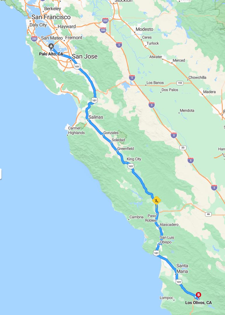 driving from Palo Alto, California to Los OlivosCalifornia - map and route