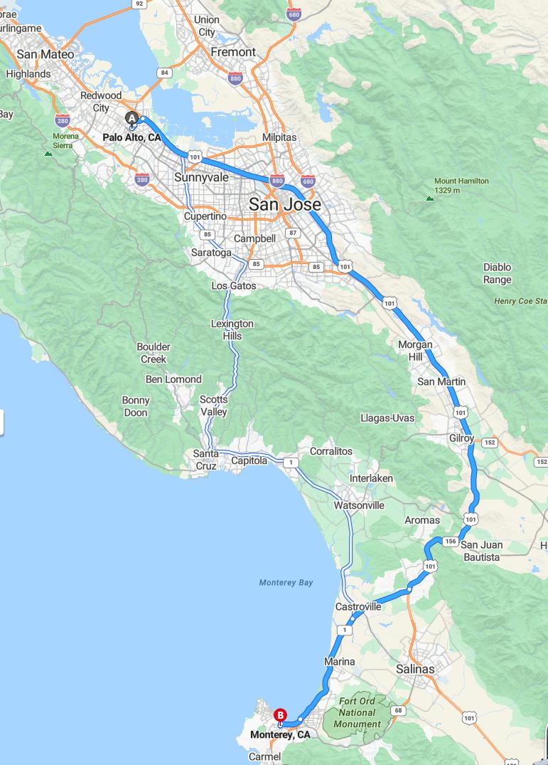 driving from Palo Alto, California to MontereyCalifornia - map and route
