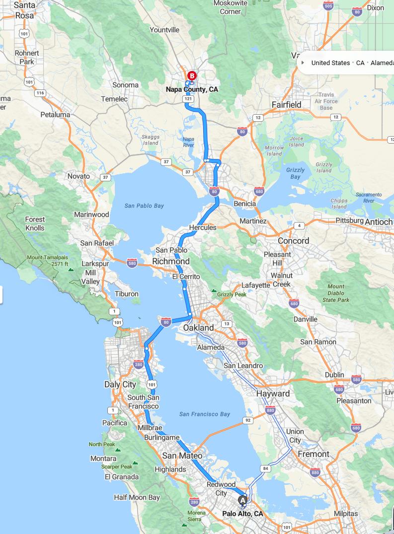 driving from Palo Alto, California to Napa ValleyCalifornia - map and route