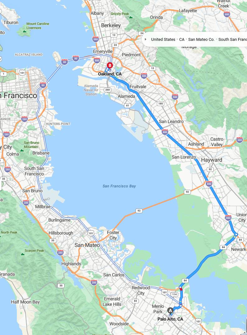 driving from Palo Alto, California to OaklandCalifornia - map and route