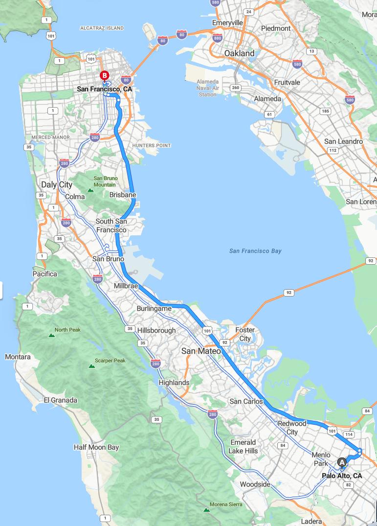 driving from Palo Alto, California to San FranciscoCalifornia - map and route