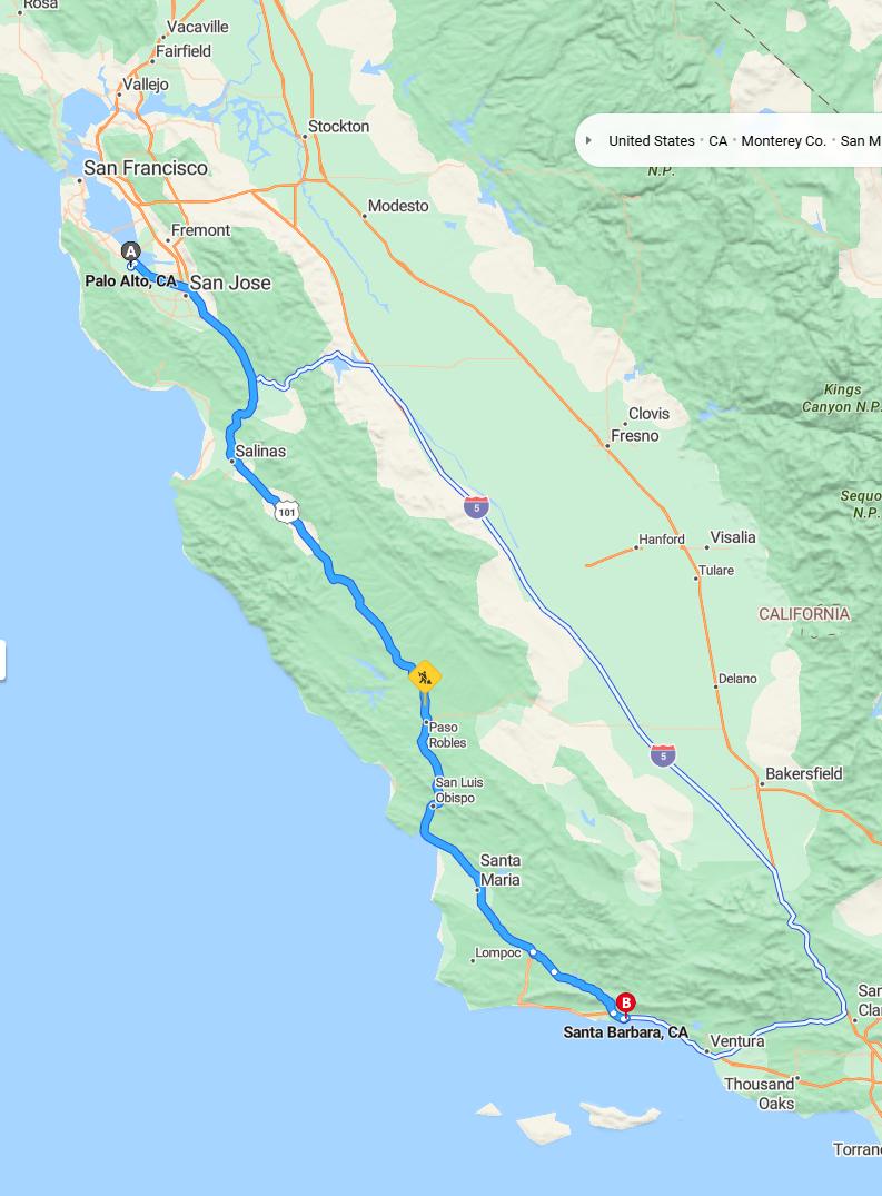 driving from Palo Alto, California to Santa BarbaraCalifornia - map and route