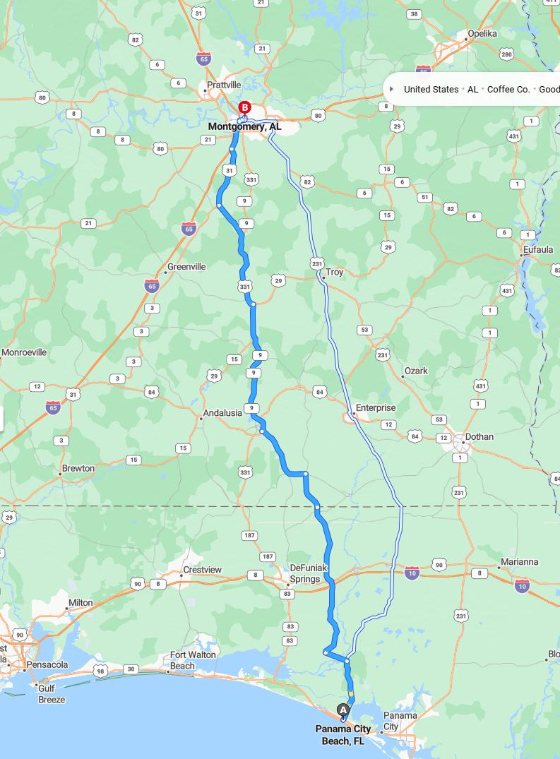 driving from Panama City Beach, Florida to MontgomeryAlabama - map and route