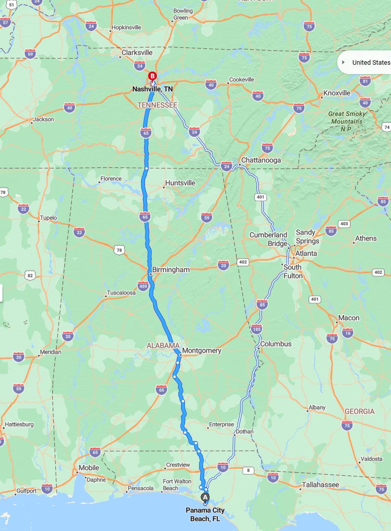 driving from Panama City Beach, Florida to NashvilleTennessee - map and route