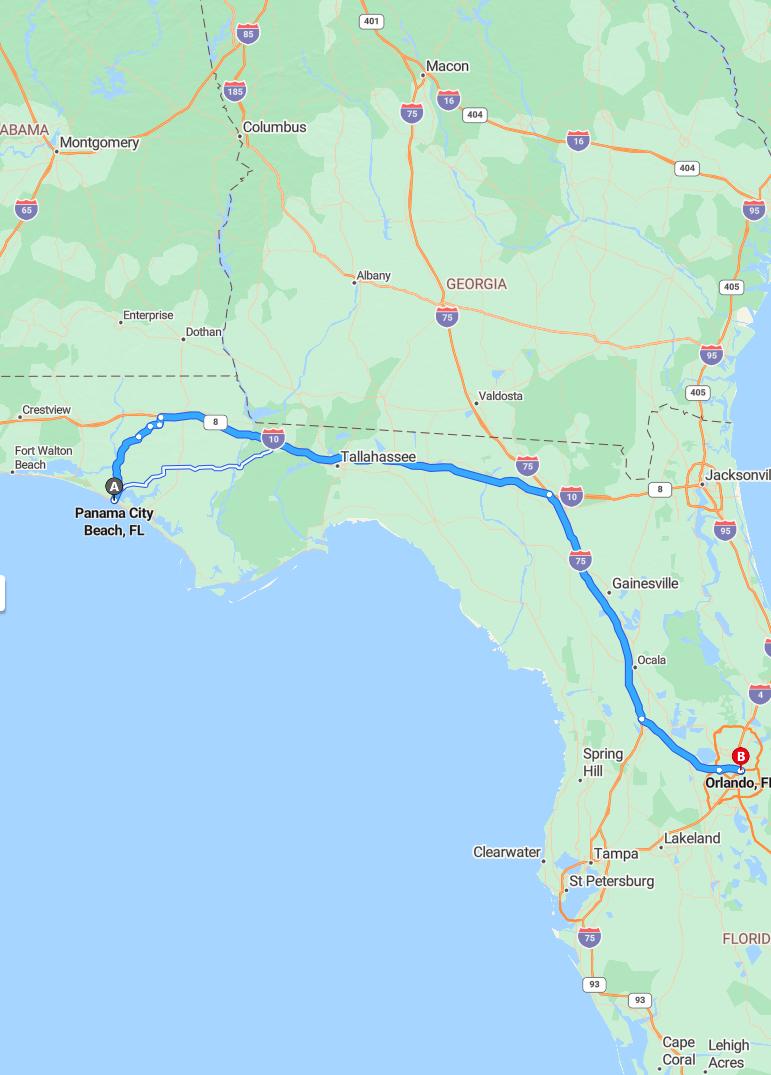 driving from Panama City Beach, Florida to OrlandoFlorida - map and route