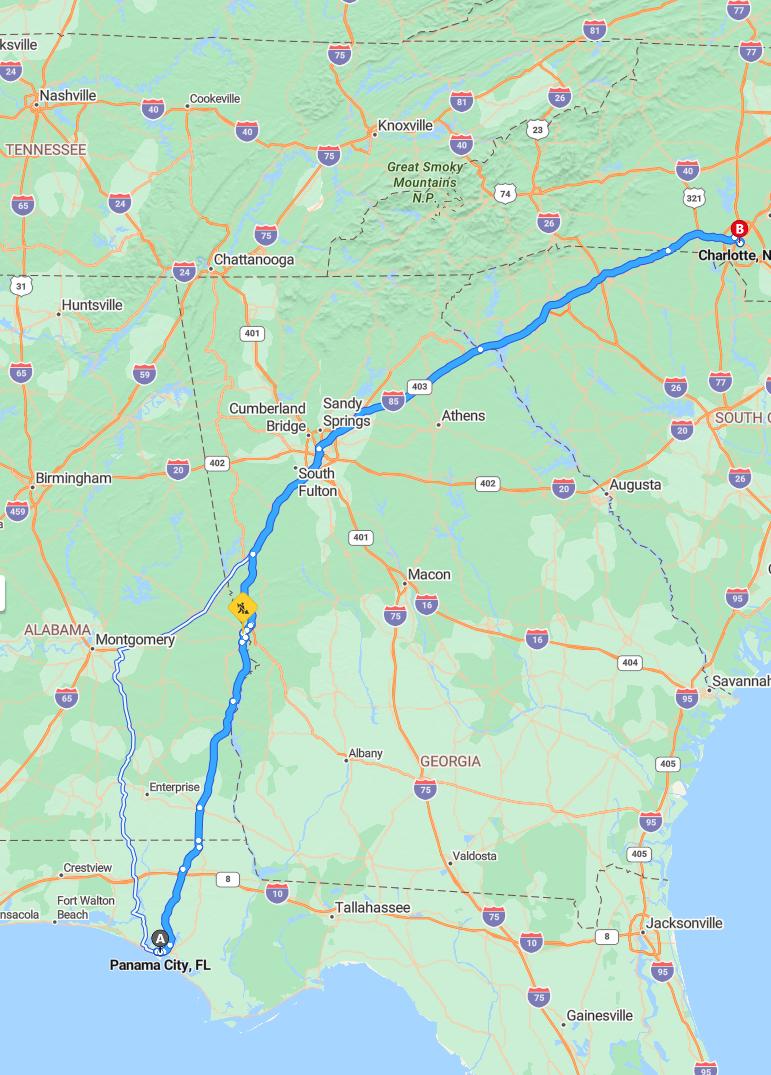 driving from Panama City, Florida to CharlotteNorth Carolina - map and route