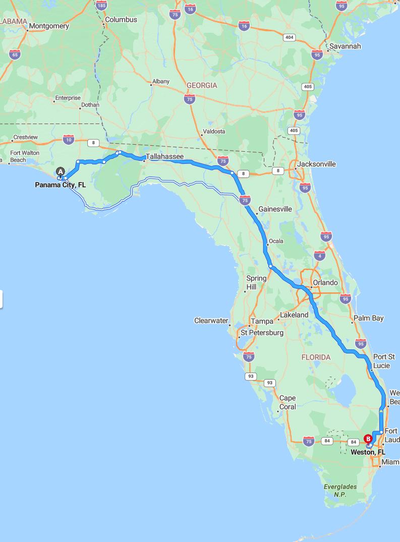 driving from Panama City, Florida to WestonFlorida - map and route