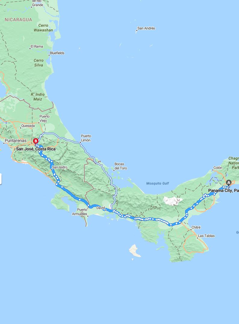 driving from Panama City, Panama to San JoseCosta Rica - map and route
