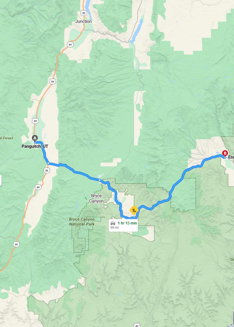 driving from Panguitch, Utah to EscalanteUtah - map and route