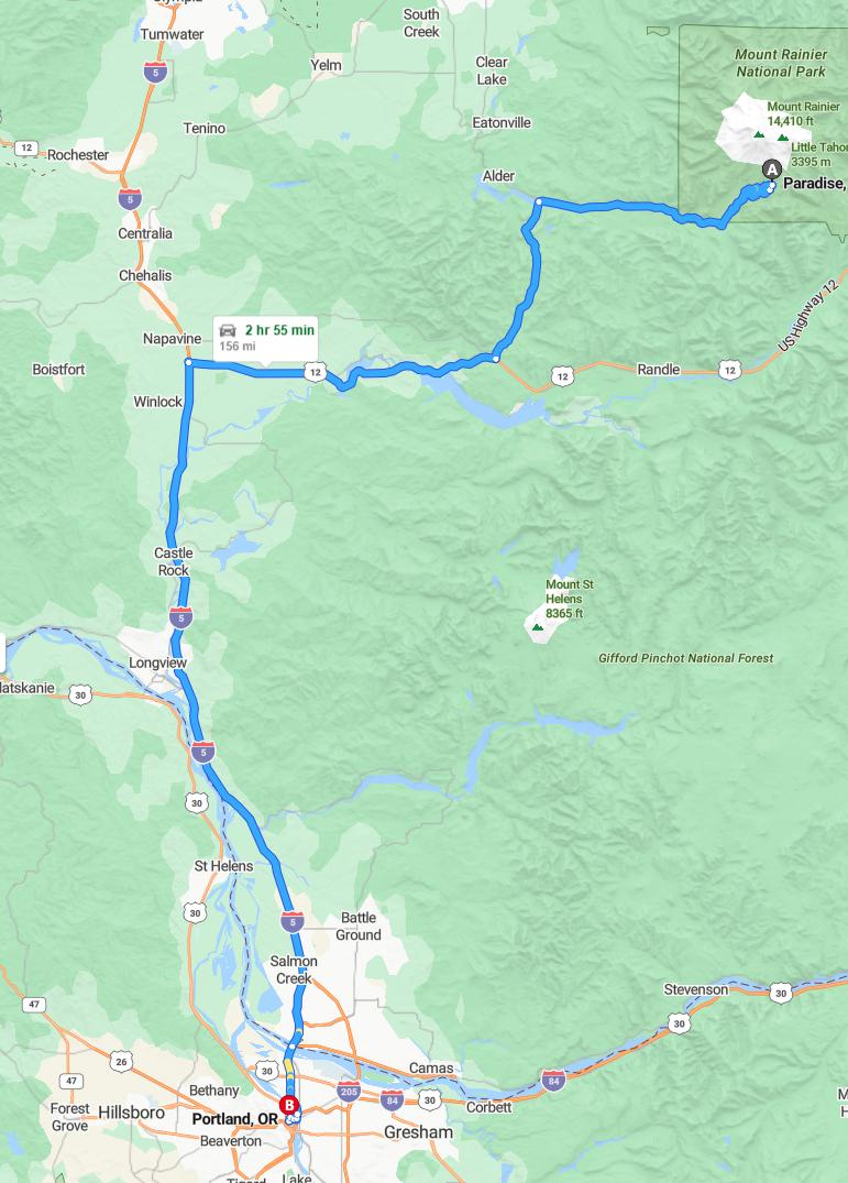 driving from Paradise, Washington to PortlandOregon - map and route