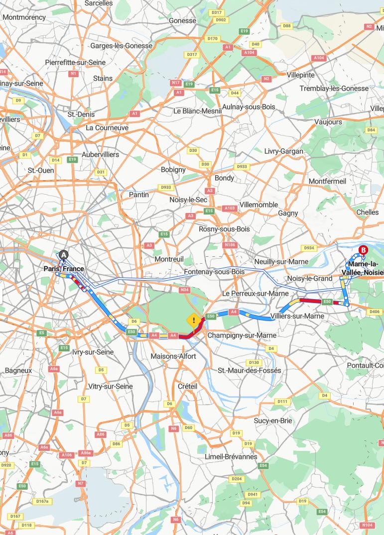 driving from Paris, Ile-de-France to Marne-la-ValleeIle-de-France - map and route