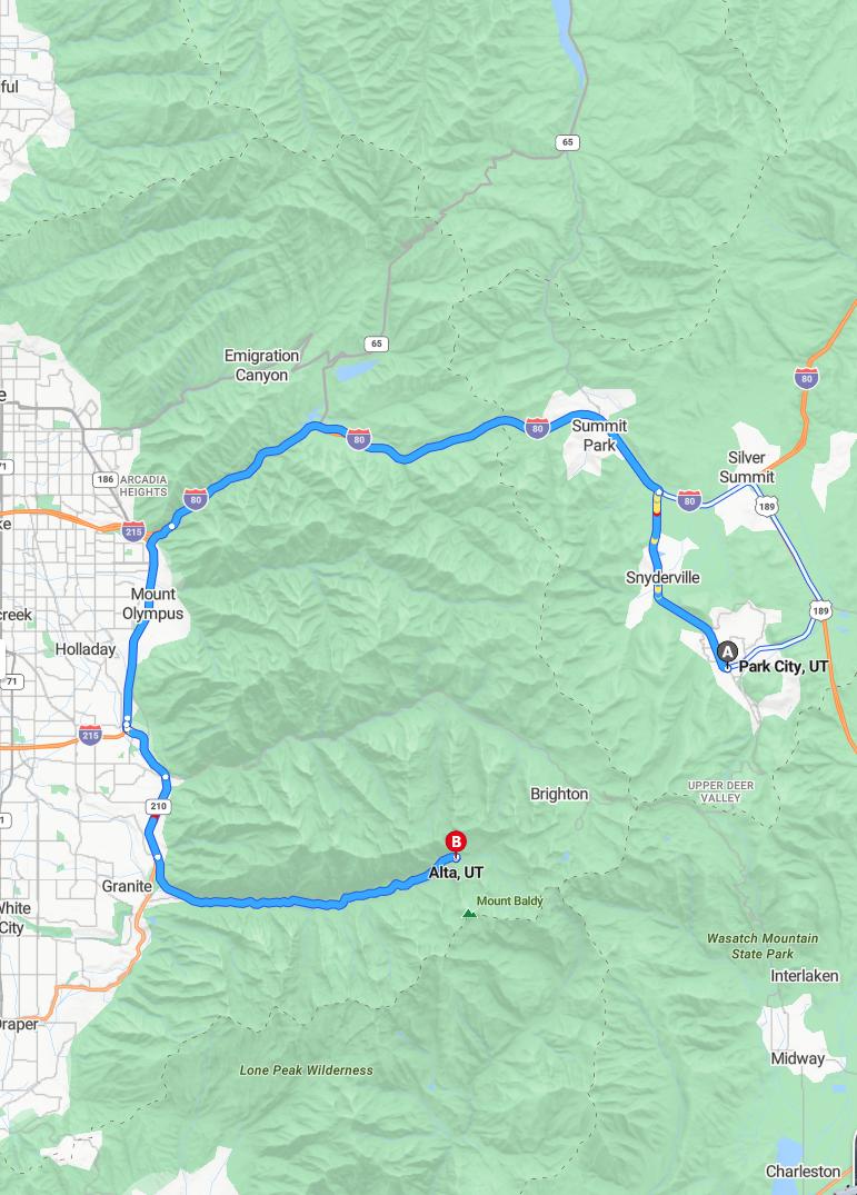 driving from Park City, Utah to AltaUtah - map and route
