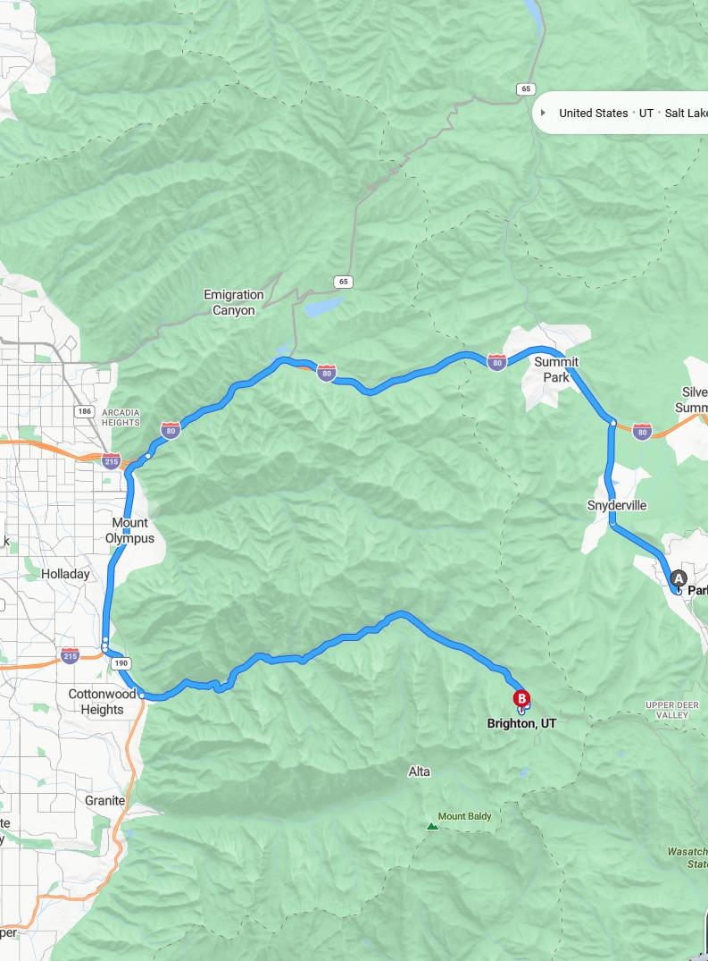 driving from Park City, Utah to BrightonUtah - map and route