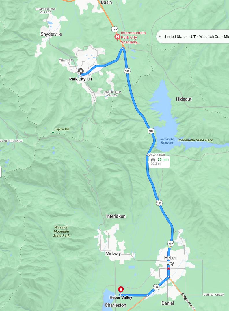 driving from Park City, Utah to Heber ValleyUtah - map and route