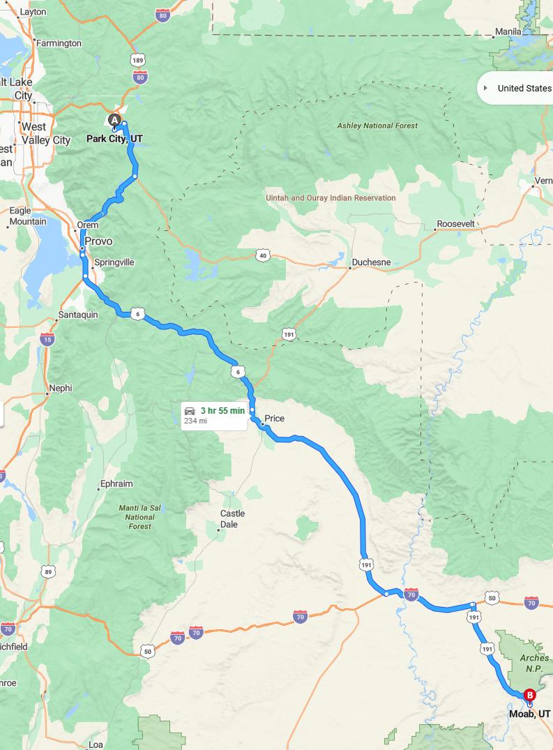 driving from Park City, Utah to MoabUtah - map and route