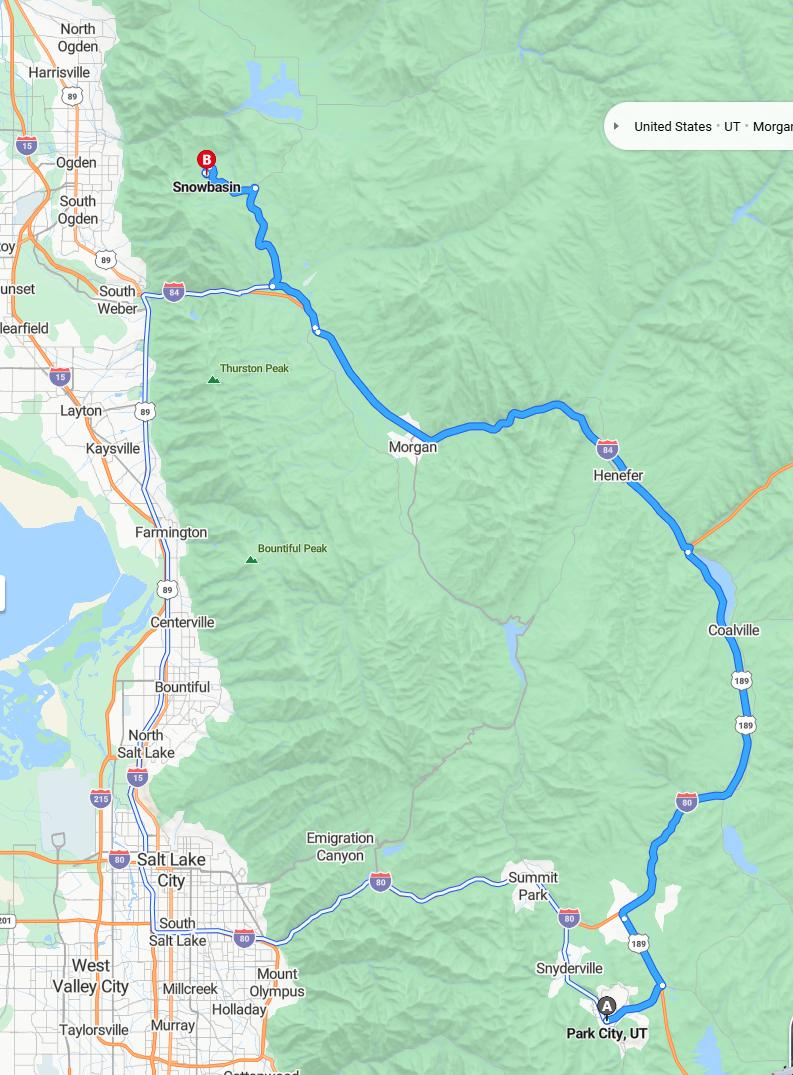 driving from Park City, Utah to SnowbasinUtah - map and route
