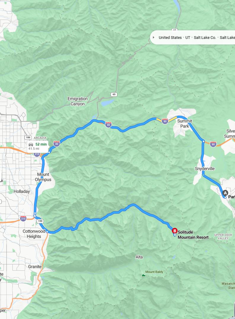 driving from Park City, Utah to SolitudeUtah - map and route