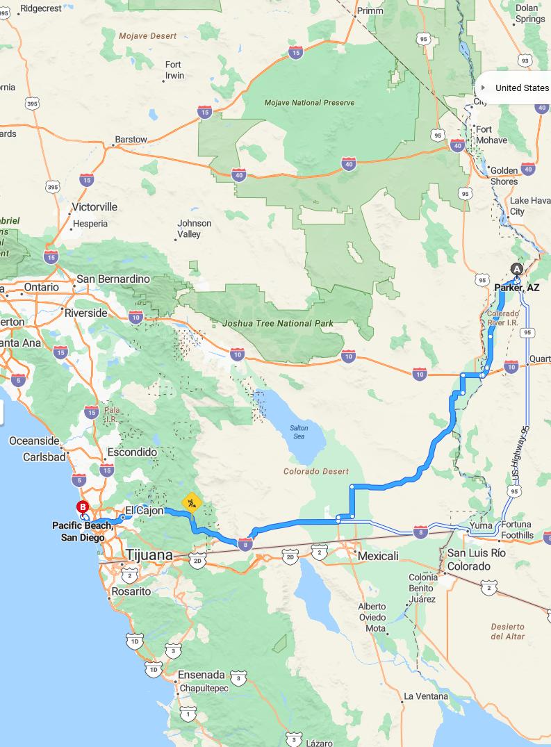driving from Parker, Arizona to Pacific BeachCalifornia - map and route