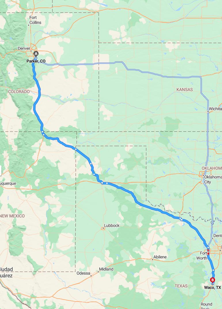 driving from Parker, Colorado to WacoTexas - map and route