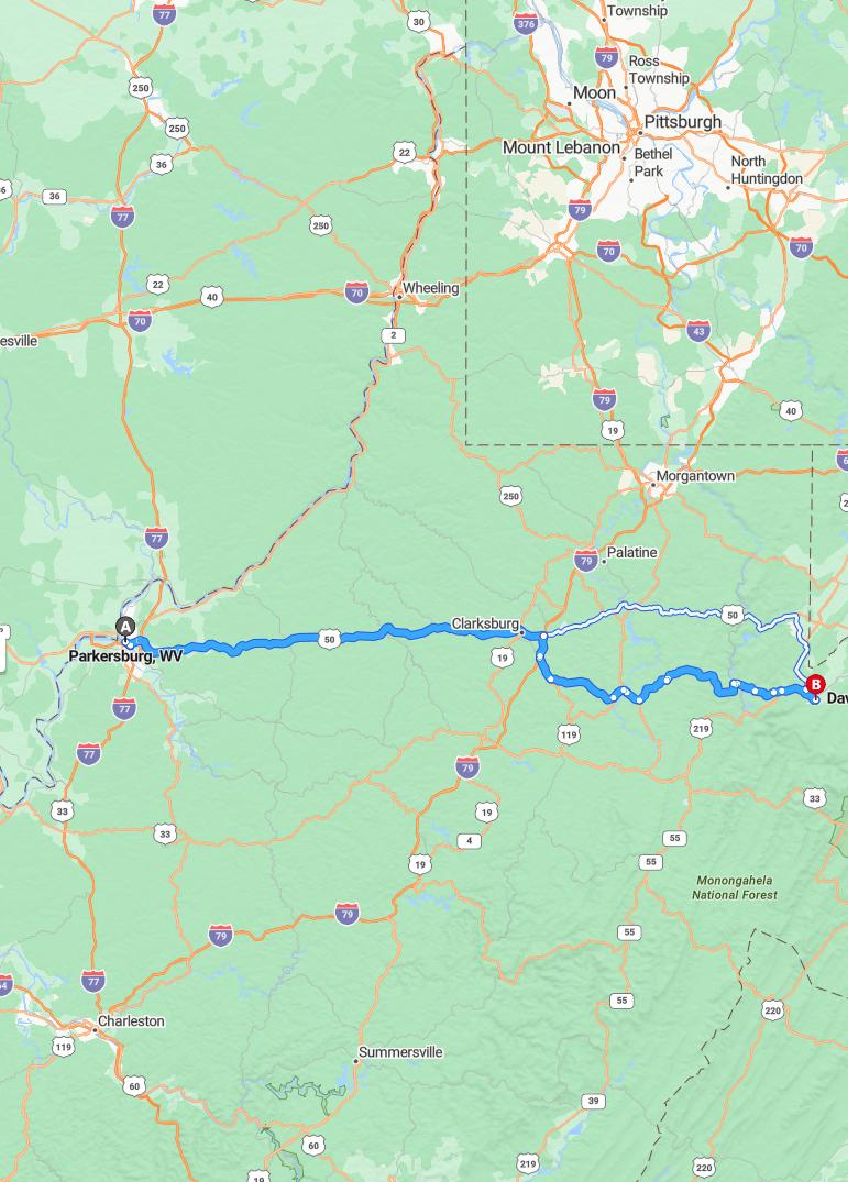 driving from Parkersburg, West Virginia to DavisWest Virginia - map and route