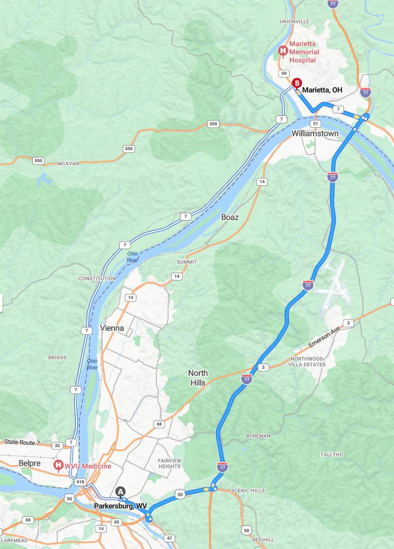 driving from Parkersburg, West Virginia to MariettaOhio - map and route