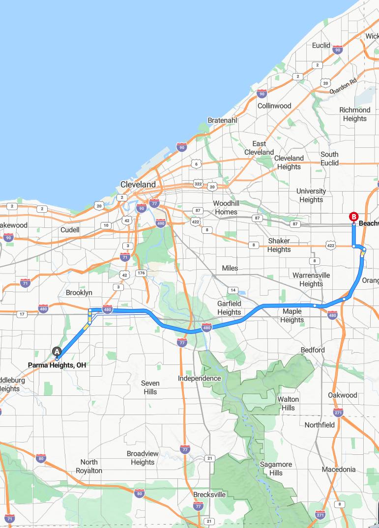 driving from Parma Heights, Ohio to BeachwoodOhio - map and route