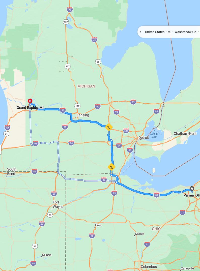 driving from Parma, Ohio to Grand RapidsMichigan - map and route