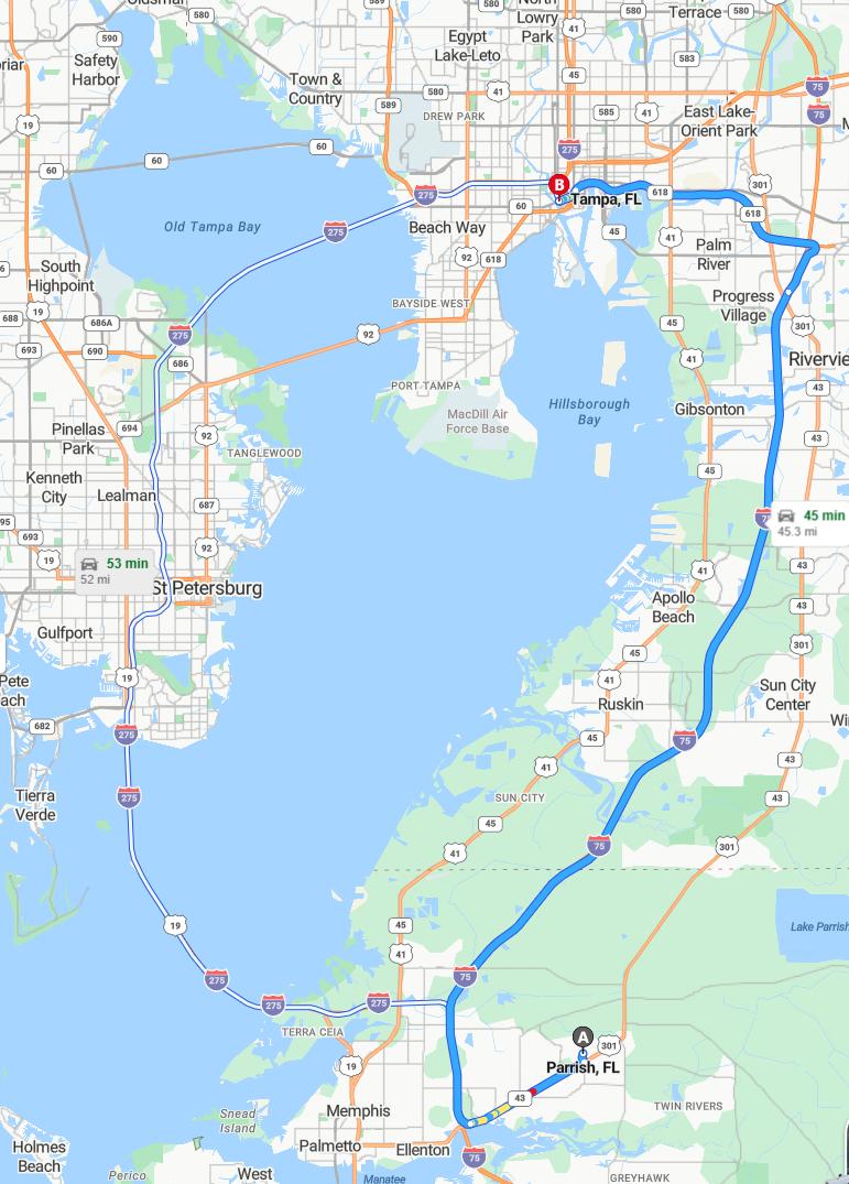 driving from Parrish, Florida to TampaFlorida - map and route