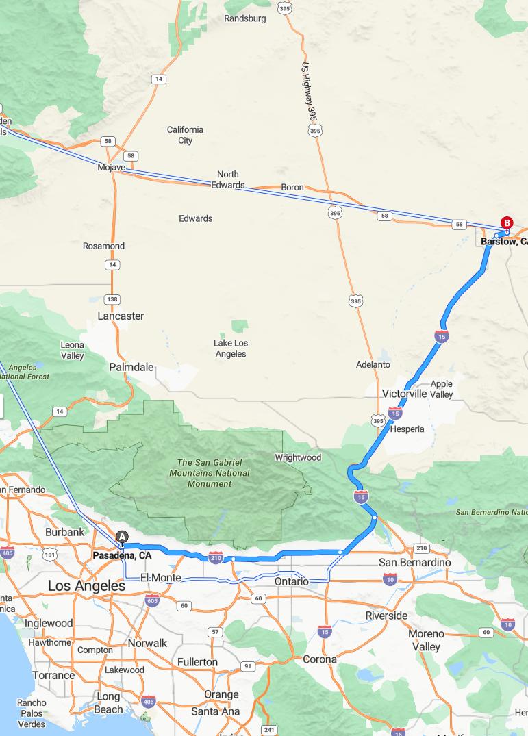 driving from Pasadena, California to BarstowCalifornia - map and route
