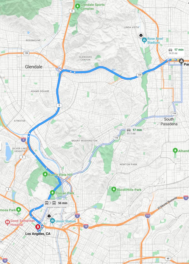 driving from Pasadena, California to Los AngelesCalifornia - map and route