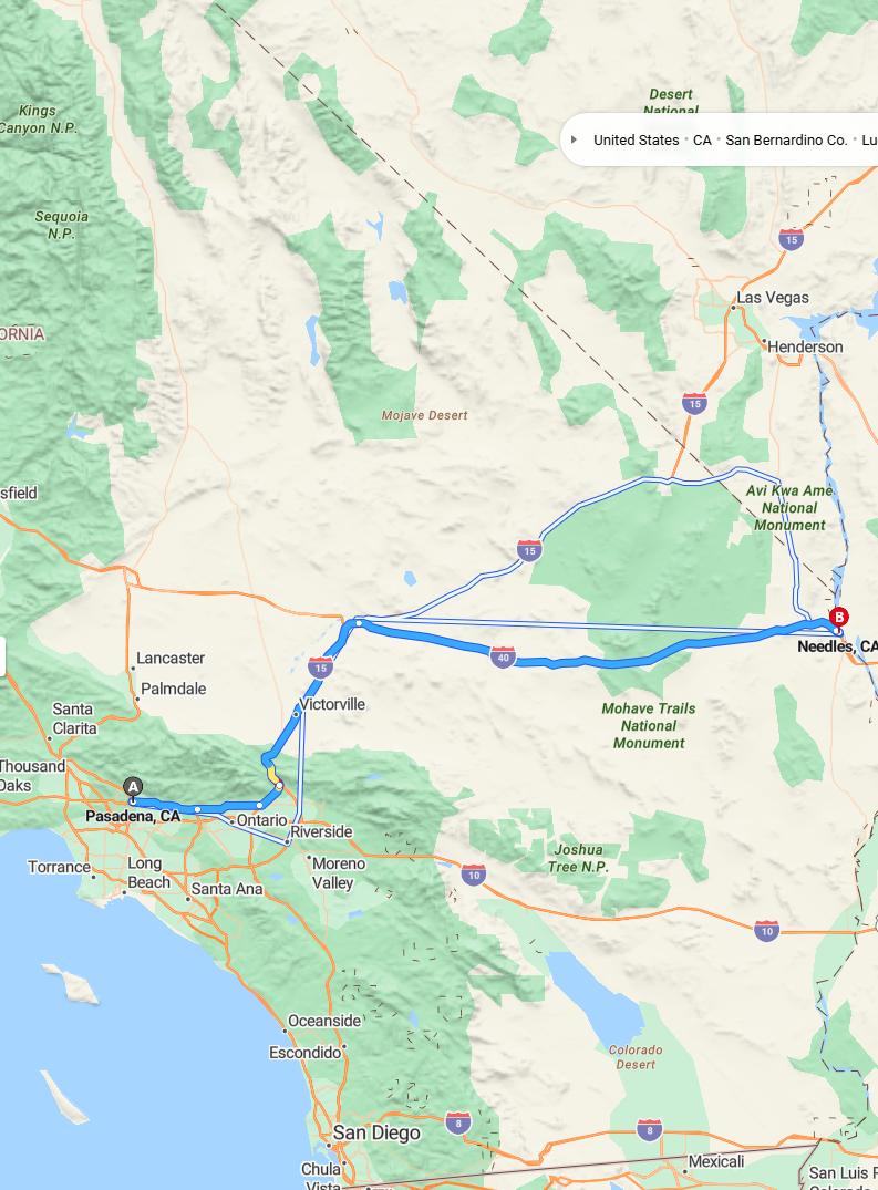 driving from Pasadena, California to NeedlesCalifornia - map and route