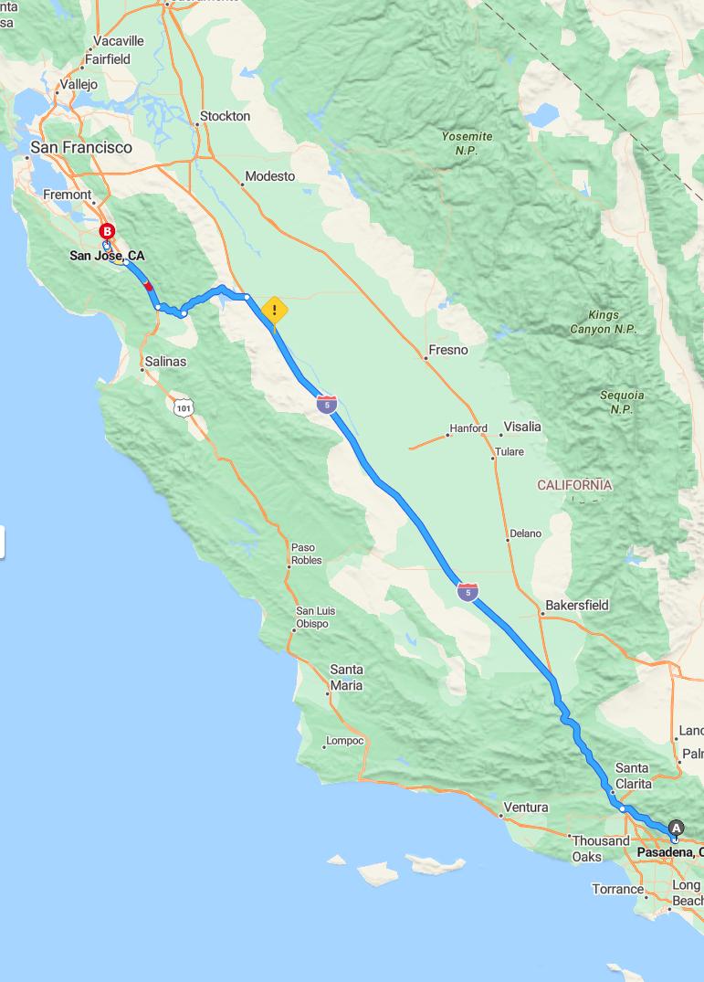 driving from Pasadena, California to San JoseCalifornia - map and route