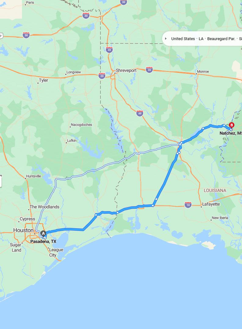 driving from Pasadena, Texas to NatchezMississippi - map and route
