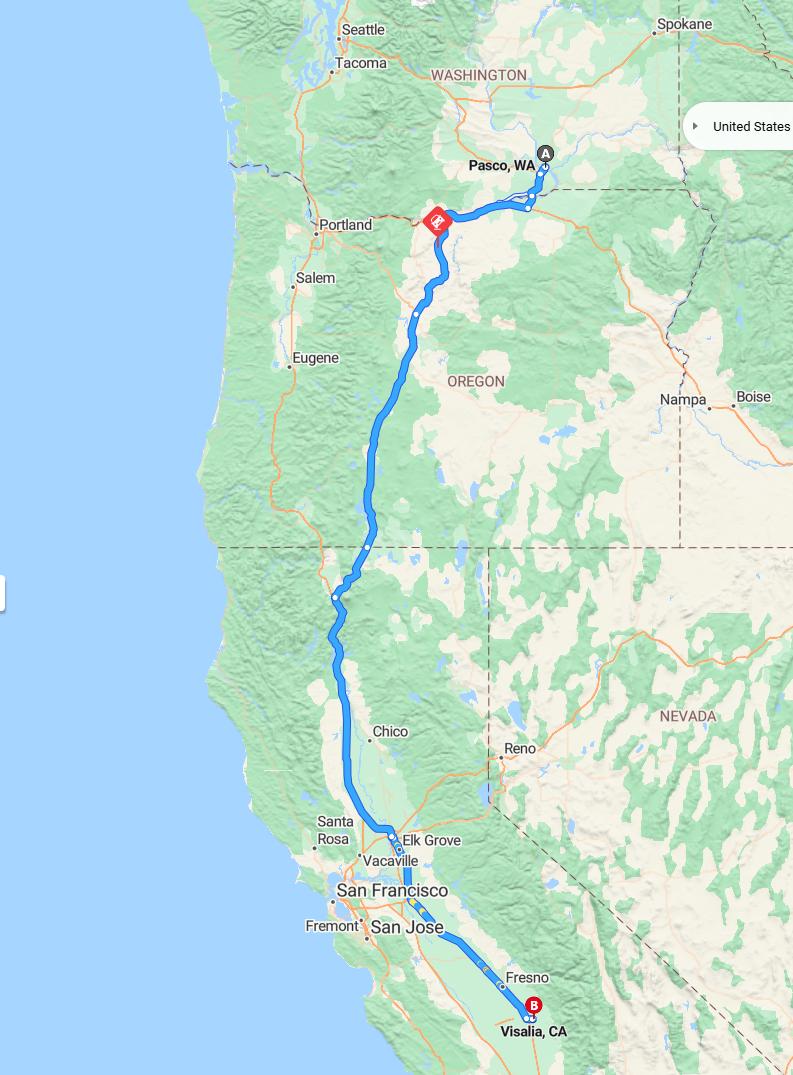 driving from Pasco, Washington to VisaliaCalifornia - map and route
