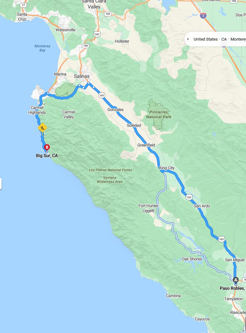 driving from Paso Robles, California to Big SurCalifornia - map and route