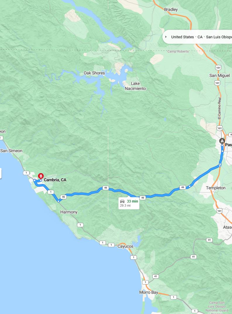 driving from Paso Robles, California to CambriaCalifornia - map and route