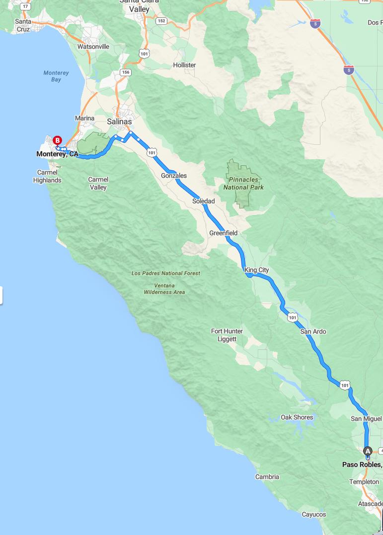 driving from Paso Robles, California to MontereyCalifornia - map and route