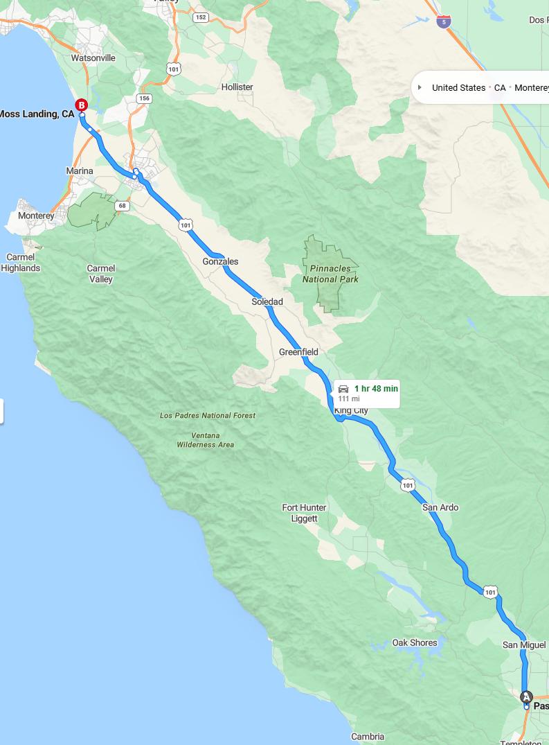 driving from Paso Robles, California to Moss LandingCalifornia - map and route