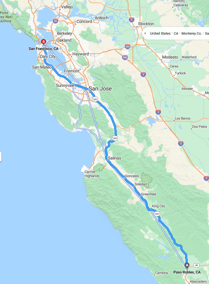 driving from Paso Robles, California to San FranciscoCalifornia - map and route