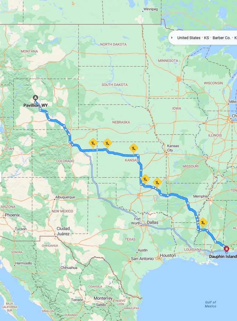 driving from Pavillion, Wyoming to Dauphin IslandAlabama - map and route