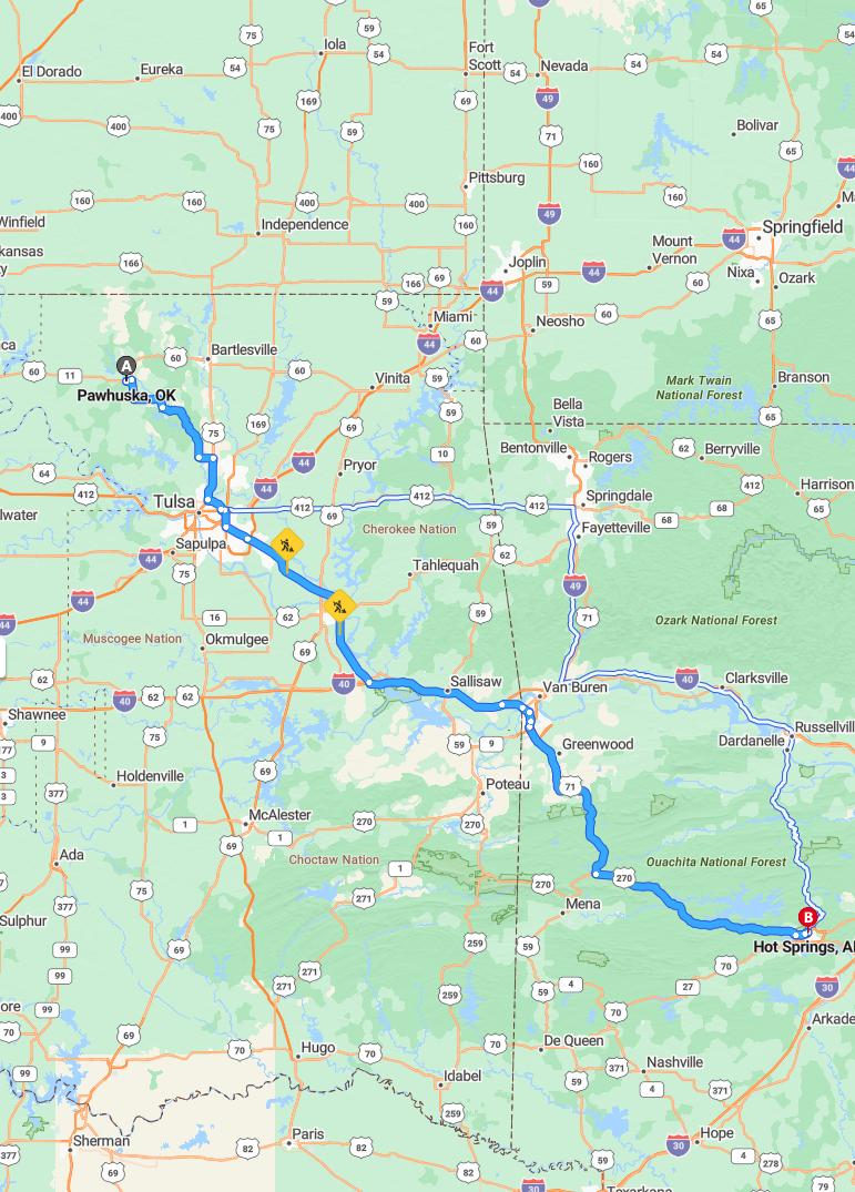 driving from Pawhuska, Oklahoma to Hot SpringsArkansas - map and route
