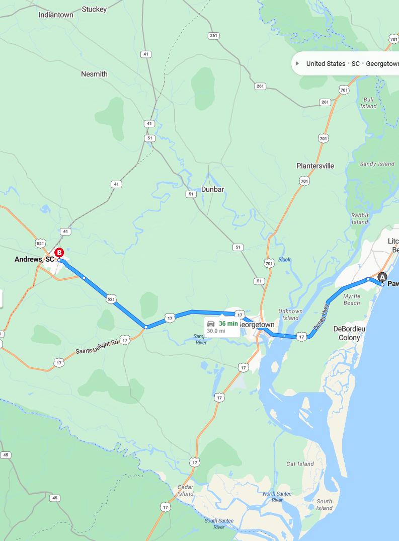 driving from Pawleys Island, South Carolina to AndrewsSouth Carolina - map and route