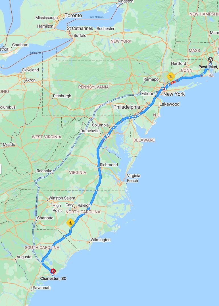 driving from Pawtucket, Rhode Island to CharlestonSouth Carolina - map and route