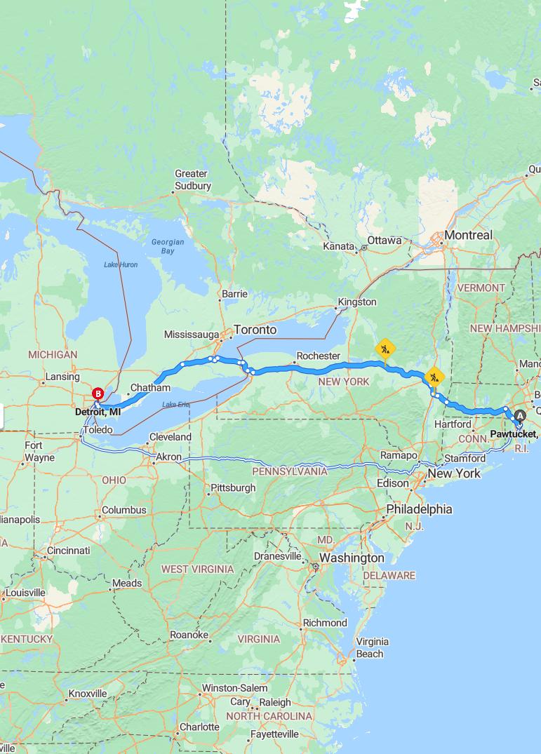 driving from Pawtucket, Rhode Island to DetroitMichigan - map and route
