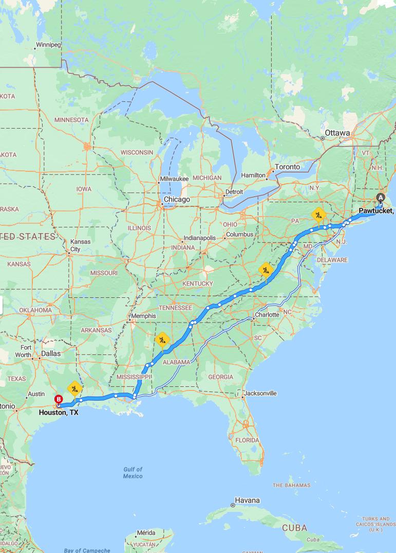 driving from Pawtucket, Rhode Island to HoustonTexas - map and route